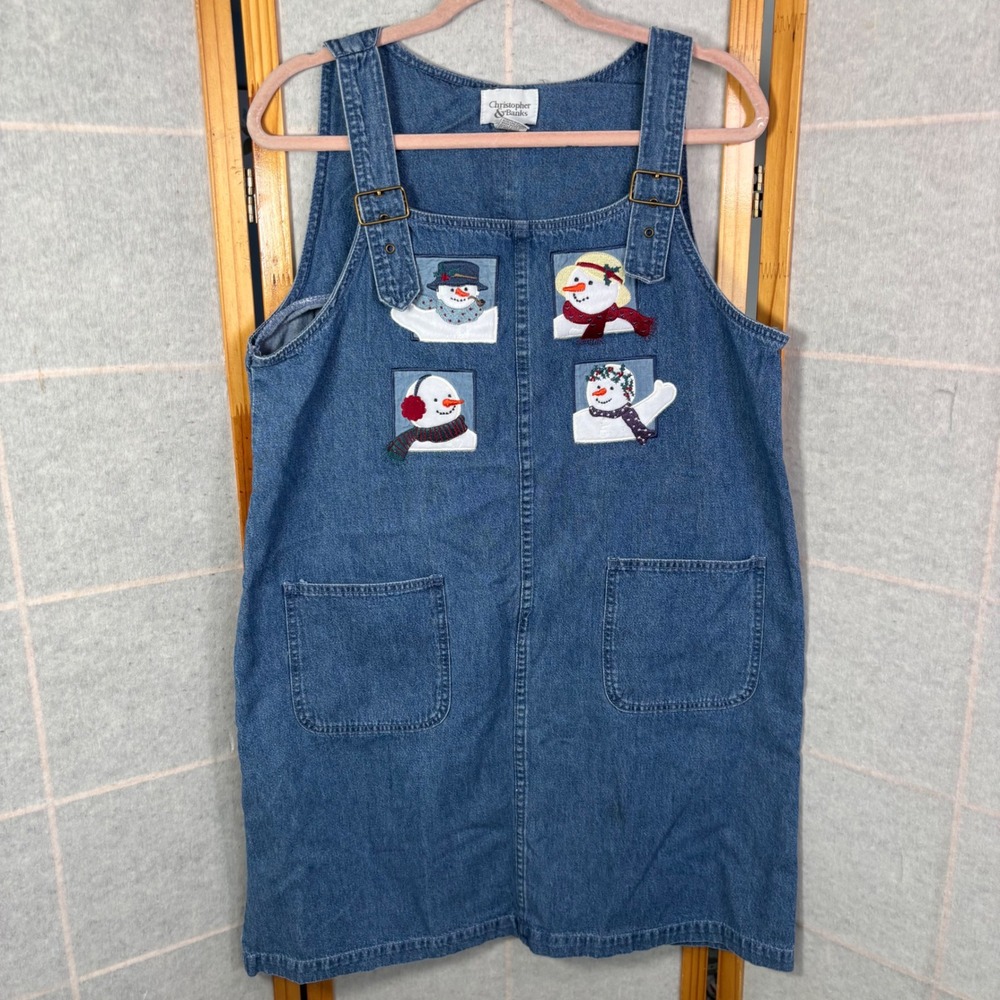 Christopher & Banks Denim Jumper Dress L Blue Snowman Embroidery Holiday Vintage